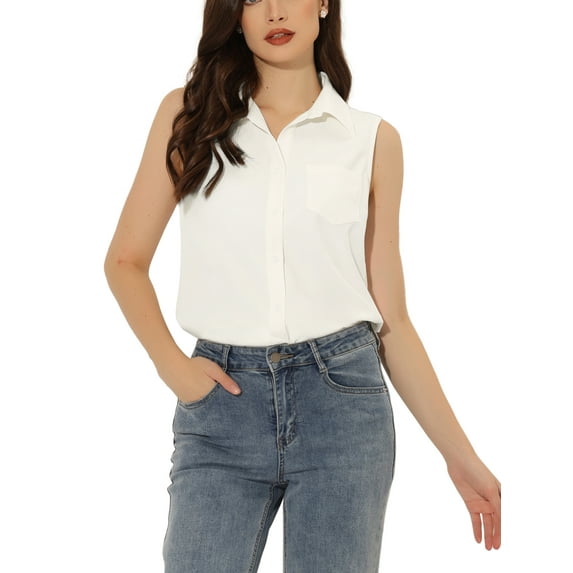 Unique Bargains Women's Sleeveless Lapel V Neck Chambray Tunic Denim Shirt White M