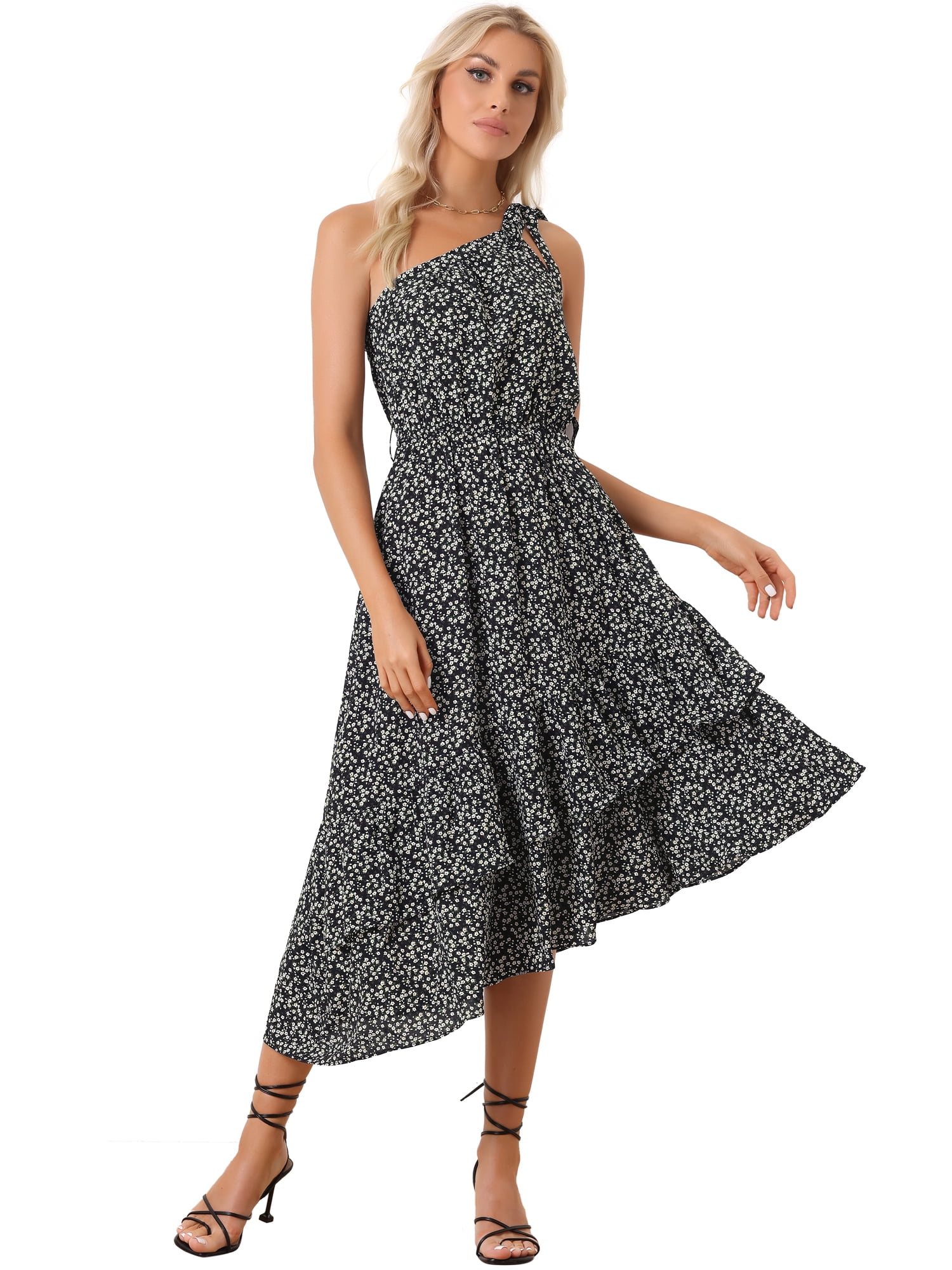 Unique Bargains Women's Sleeveless Layered One Shoulder Tie Floral Midi Dress S Black