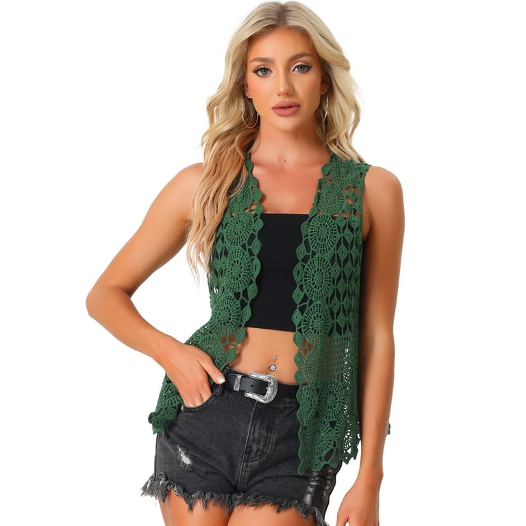 Unique Bargains Women s Sleeveless Open Front Cardigan Vest Hollow Out Crochet Shrugs M Green