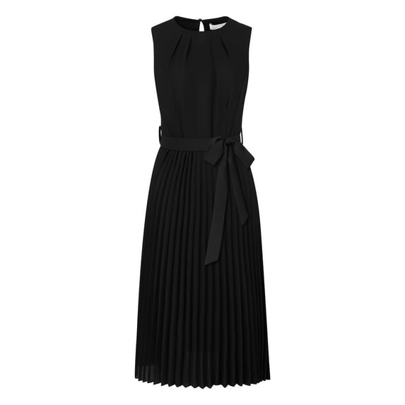 DARING DIVA Sleeveless Pleated Tie Waist Casual Office A-Line Dress L Black