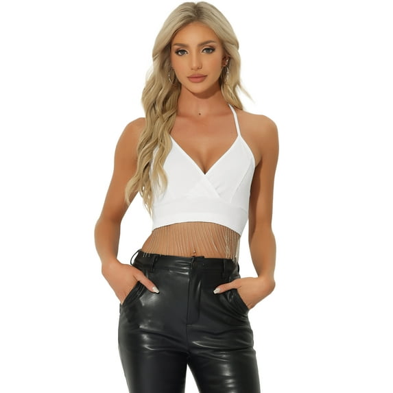 Unique Bargains Women's Sleeveless Rhinestone Fringe Tie Halter Neck Cropped Cami Tops L White