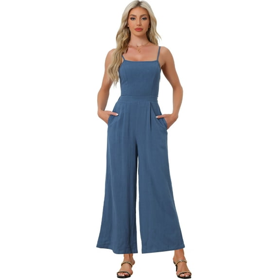 Unique Bargains Women's Spaghetti Strap Backless Wide Leg Jumpsuit L Dark Blue