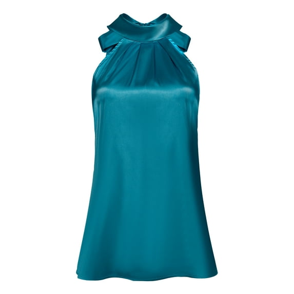 Unique Bargains Women's Sleeveless Top Halter Neck Tie Back Satin Blouse S Peacock Blue