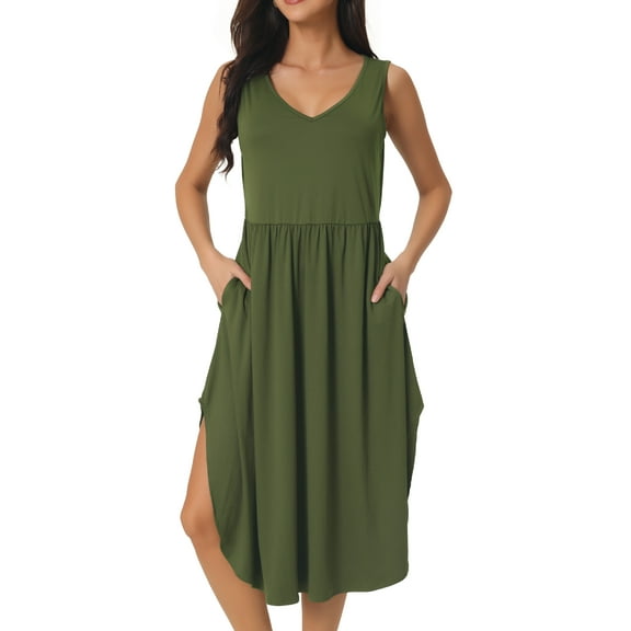 Unique Bargains Women's Sleeveless V Neck Split Hem Midi Dress with Pockets S Army Green