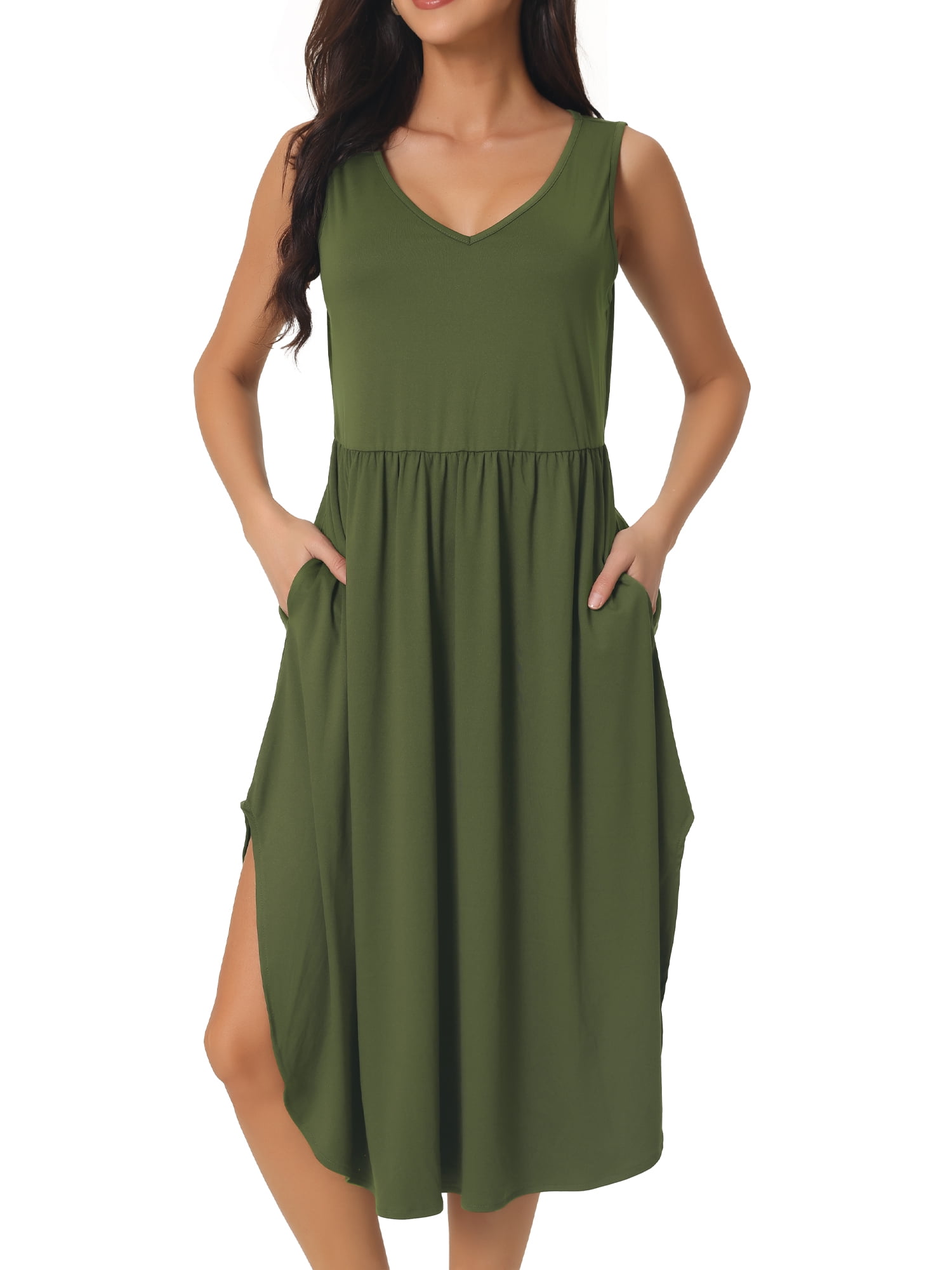 Unique Bargains Women's Sleeveless V Neck Split Hem Midi Dress with Pockets XL Army Green