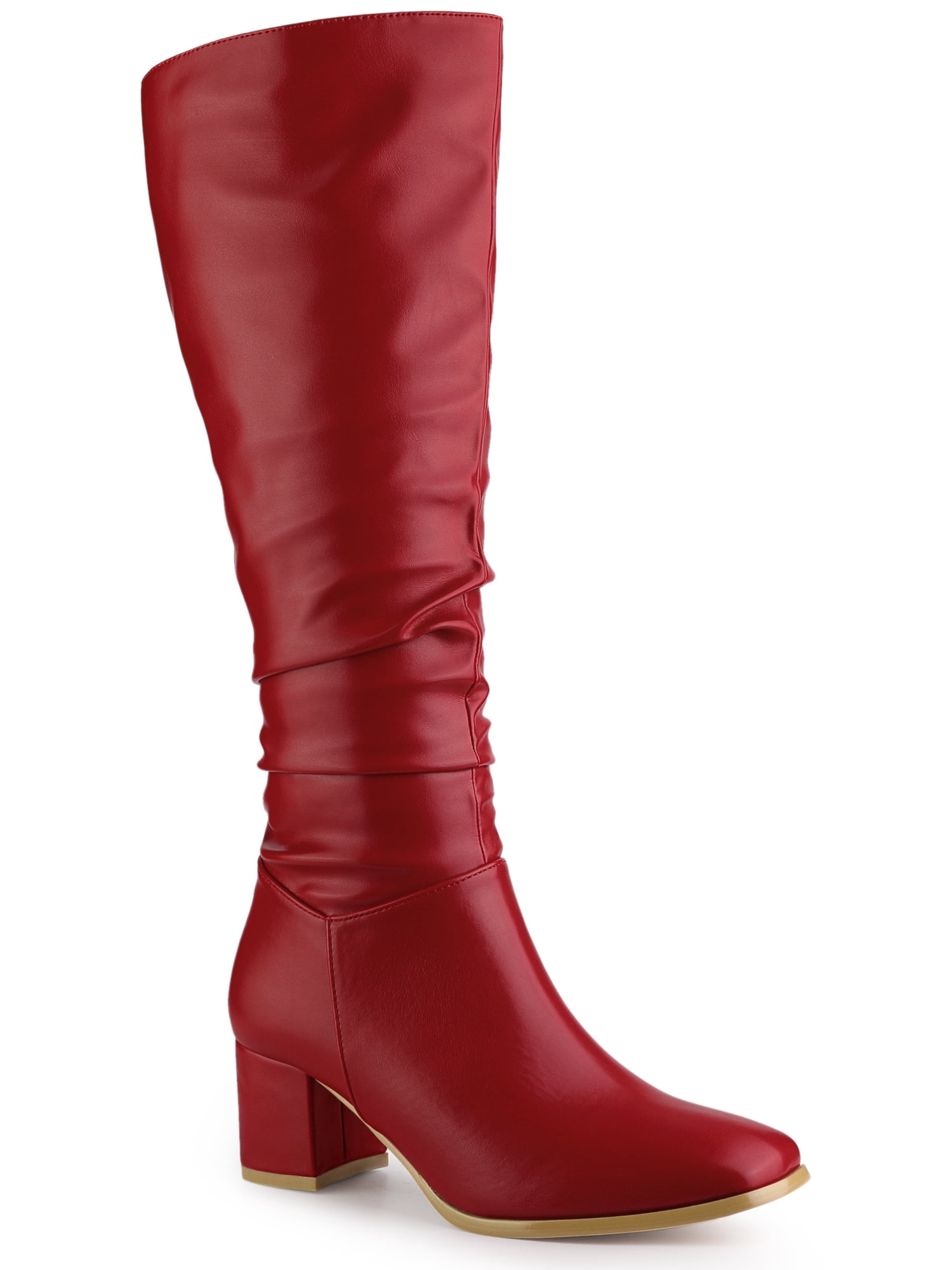 Unique Bargains Women's Slouch Square Toe Chunky Heels Knee High Boots Red 9