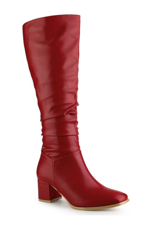 Women's Slouch Square Toe Chunky Heels Knee High Boots Red 9