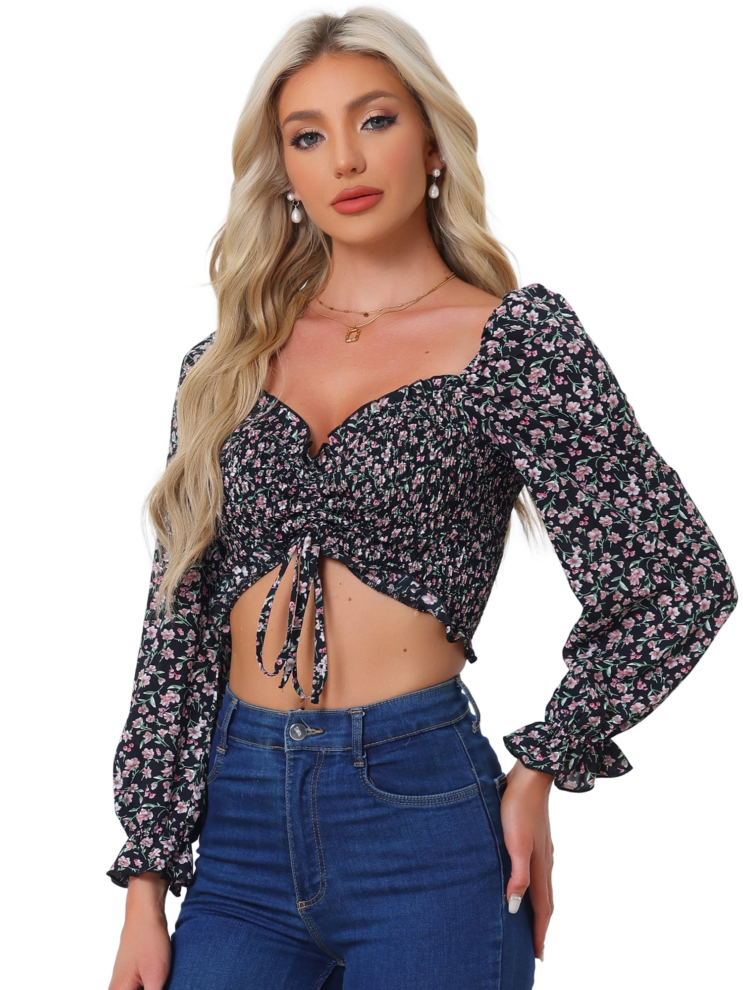 Unique Bargains Women's Smocked Floral Crop Top Square Neck