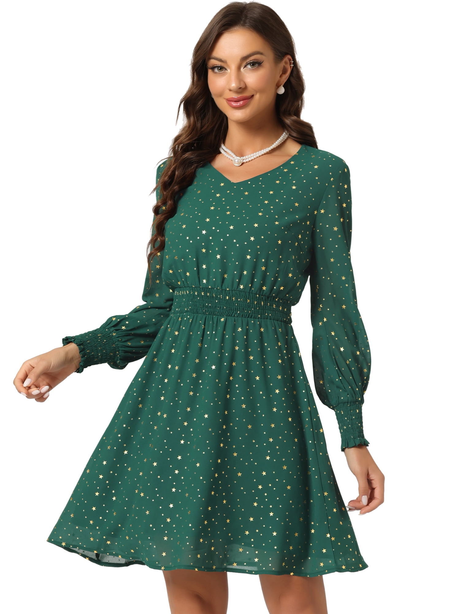 Unique Bargains Women's Smocked Waist Chiffon Long Sleeve Shiny Star Dress L Dark Green