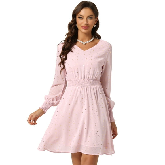 Unique Bargains Women's Smocked Waist Chiffon Long Sleeve Shiny Star Dress L Pink