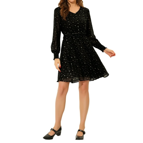 Unique Bargains Women's Smocked Waist Chiffon Long Sleeve Shiny Star Dress S Black