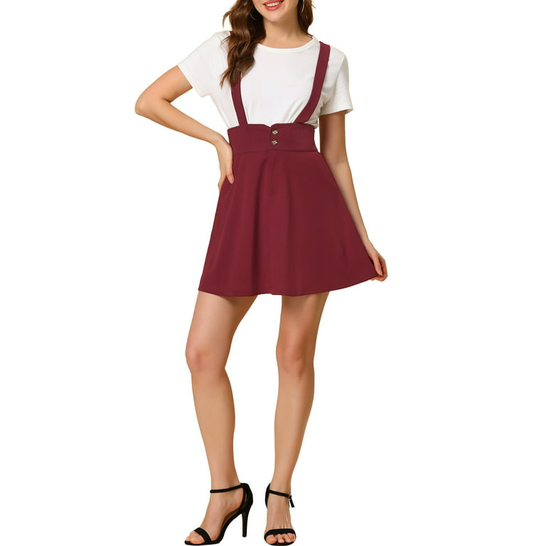 Unique Bargains Women's Solid Dress Strap Button Front Suspender Skirt 