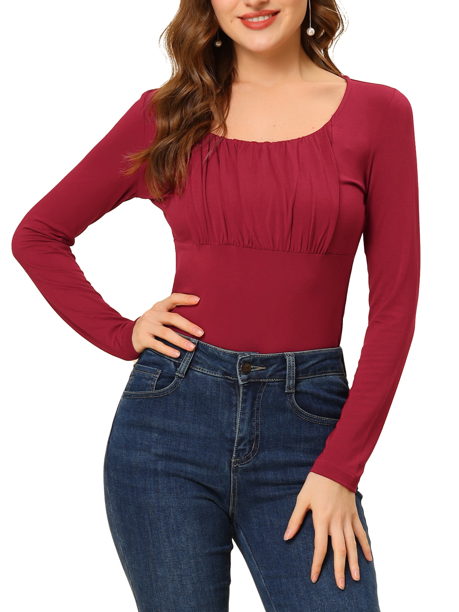Unique Bargains Women's Solid Ruched Front Scoop Neck Long Sleeve Blouse Tops Burgundy X-Large