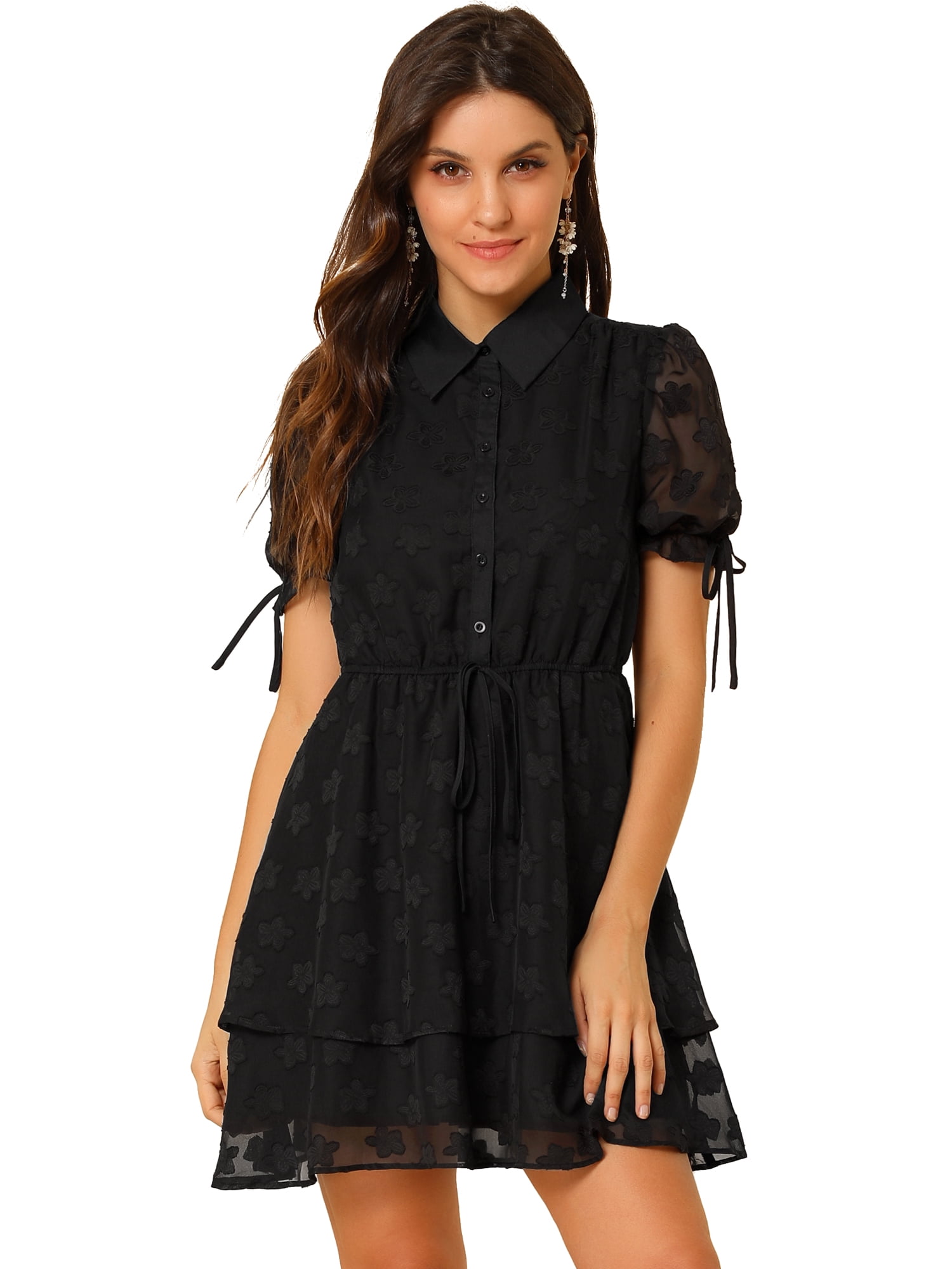 DARING DIVA Solid Short Sleeve A-Line Shirt Dress L Black