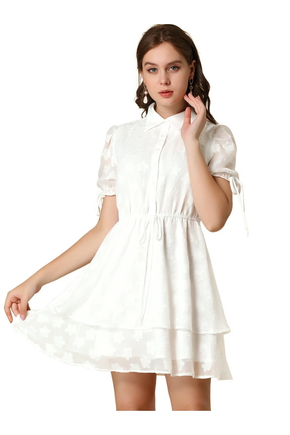 Solid Short Sleeve A-Line Shirt Dress L White
