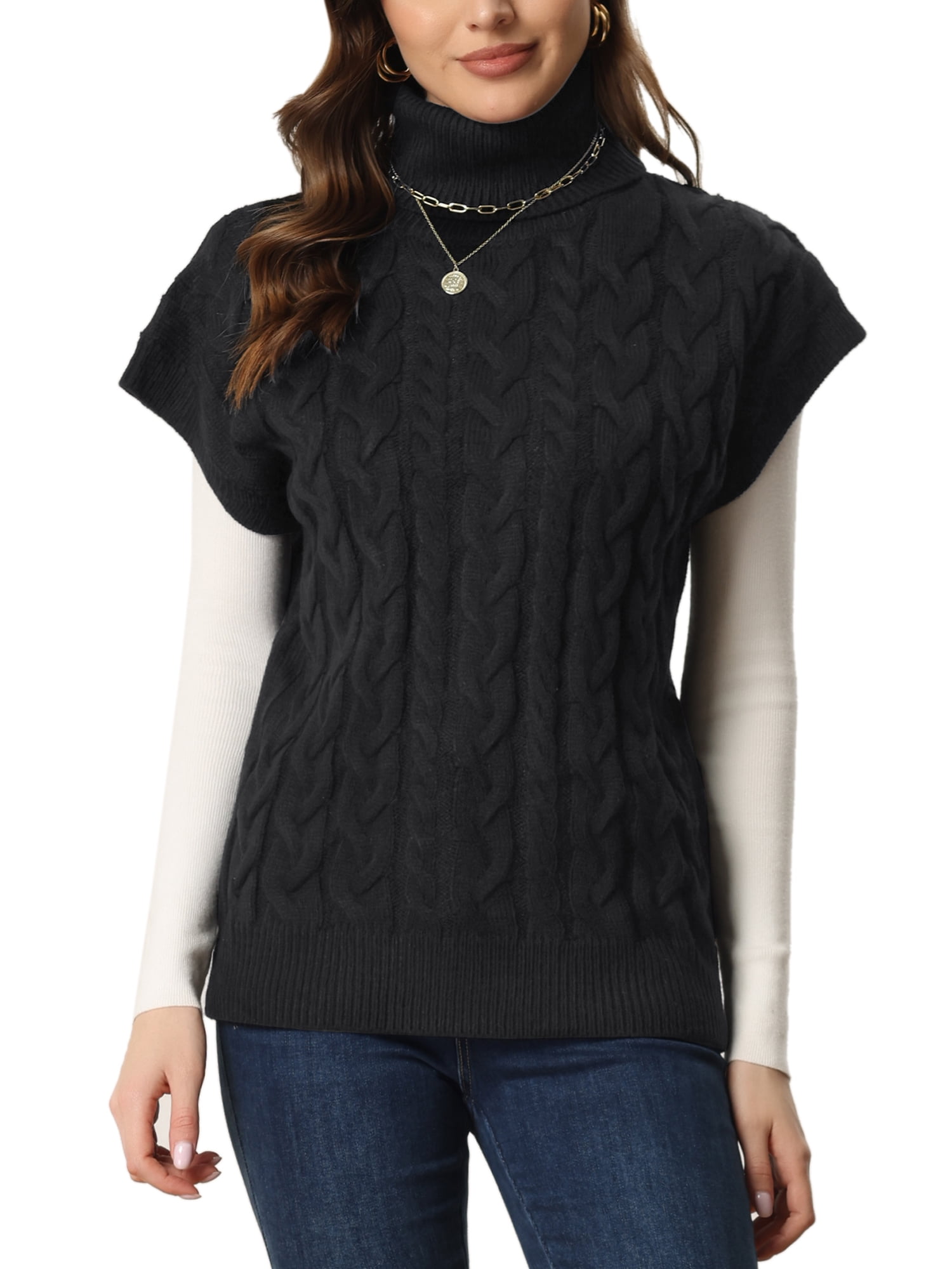 Unique Bargains Women's Solid Turtleneck Sleeveless Pullover Cable Knit Sweater M Black