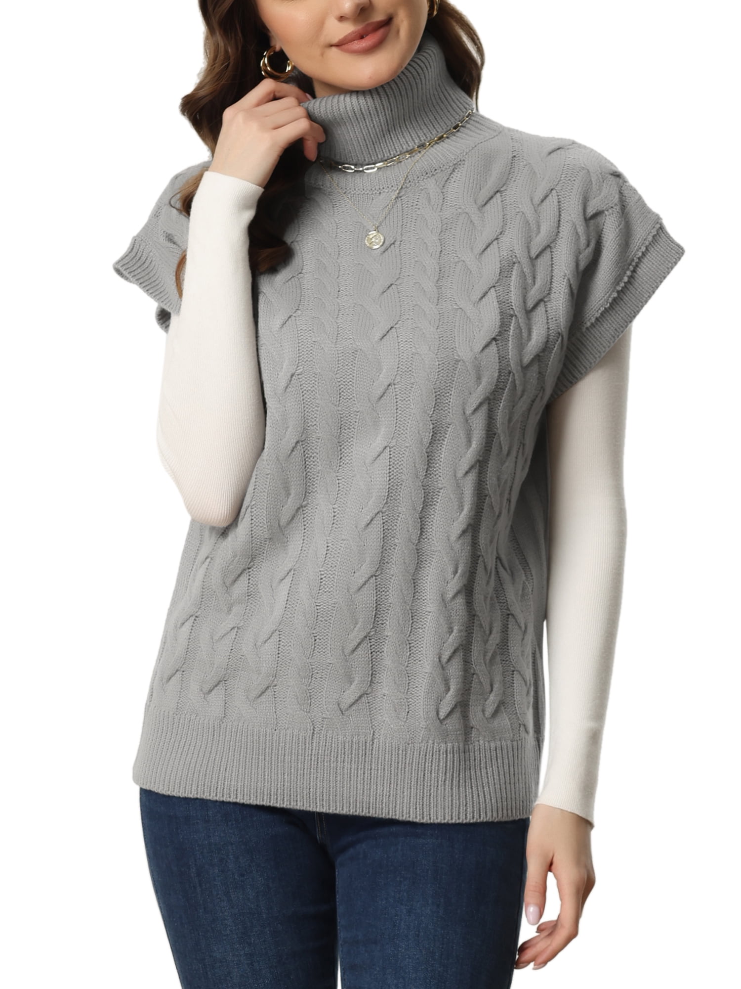 Unique Bargains Women's Solid Turtleneck Sleeveless Pullover Cable Knit Sweater M Grey