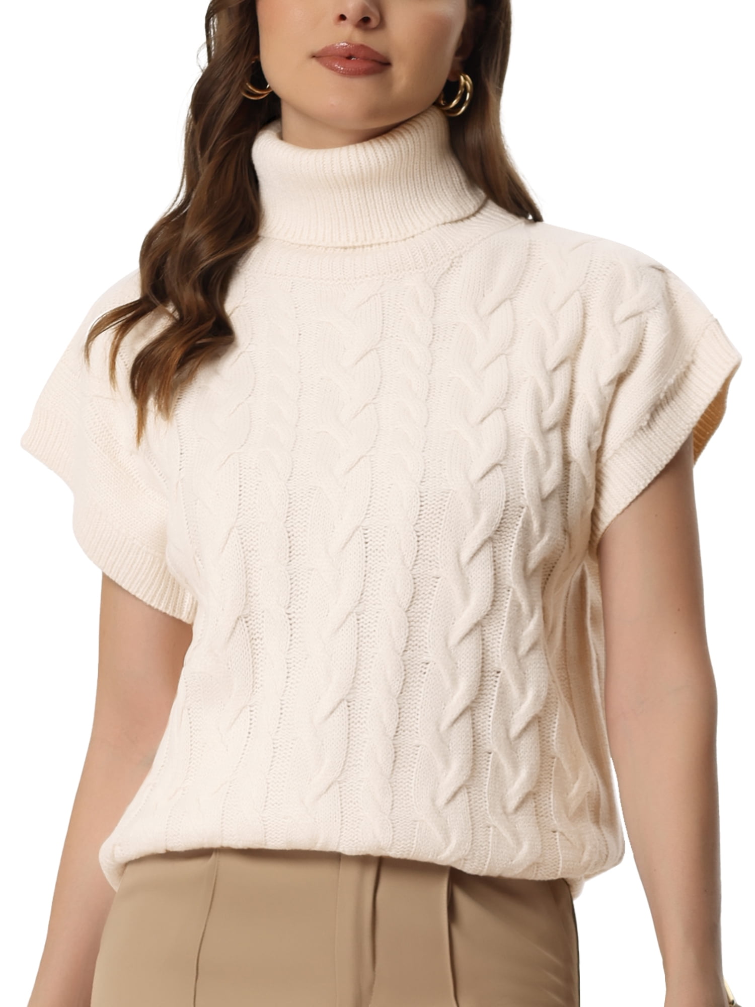 Unique Bargains Women's Solid Turtleneck Sleeveless Pullover Cable Knit Sweater S Apricot