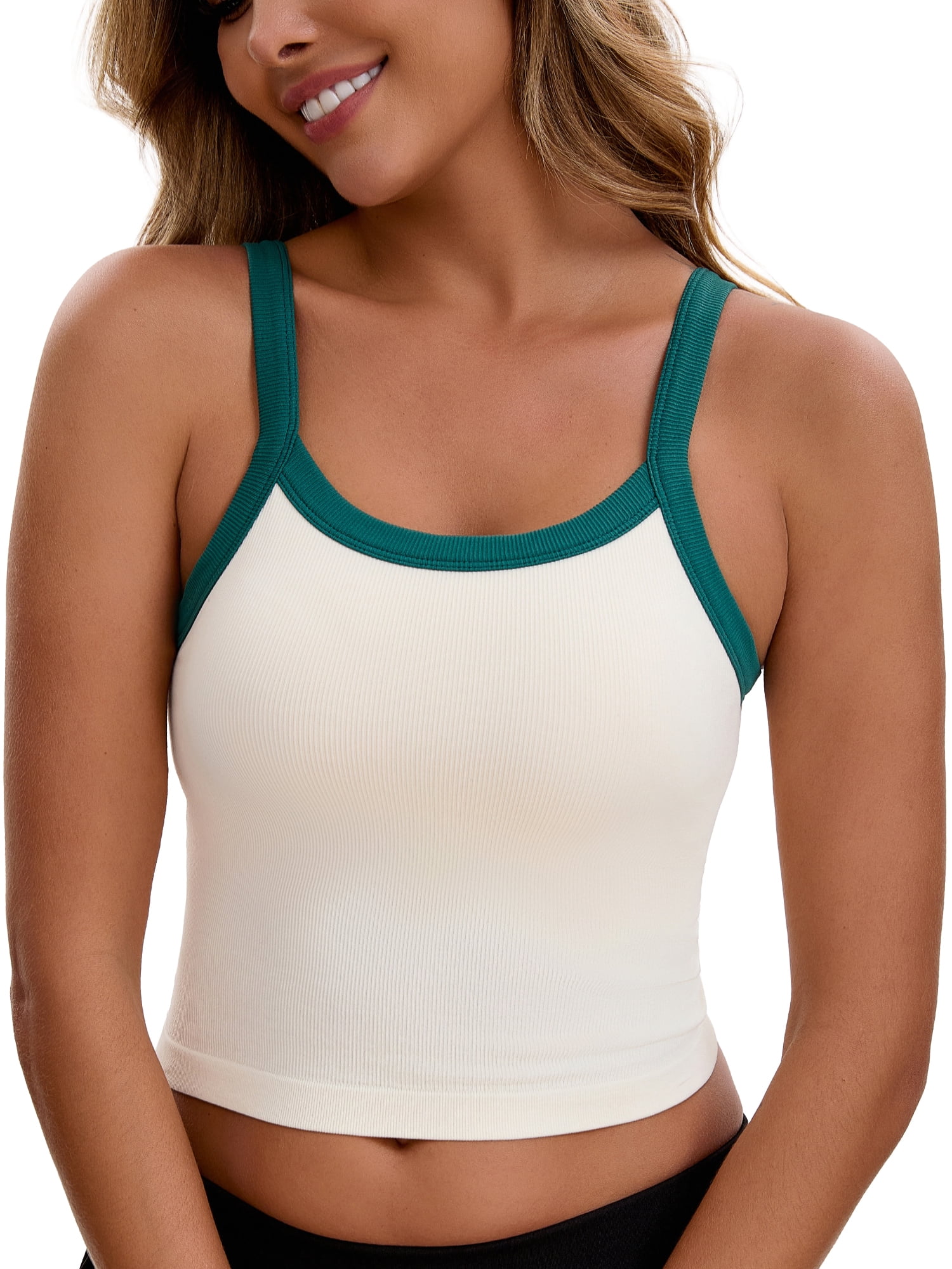 Unique Bargains Women's Spaghetti Strap Contrast Color Cropped Camisole M Green