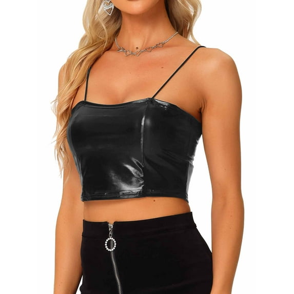 DARIGN DIVA Women's Sparkly Shiny Metallic Crop Cami Tops XL Black