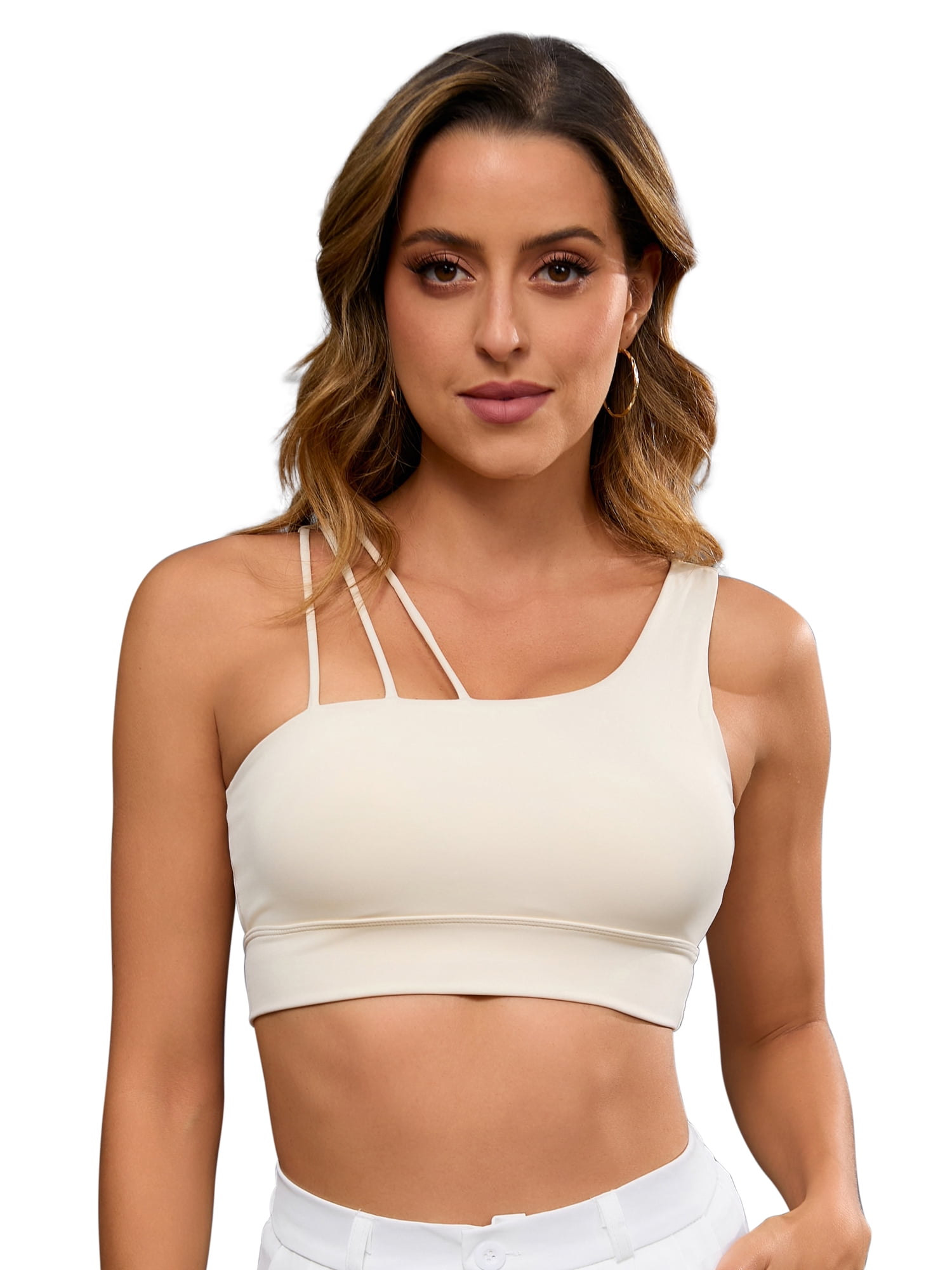 DARING DIVA Women's Three Spaghetti Thin Straps Sports Bra Fitness Tank Top Beige S