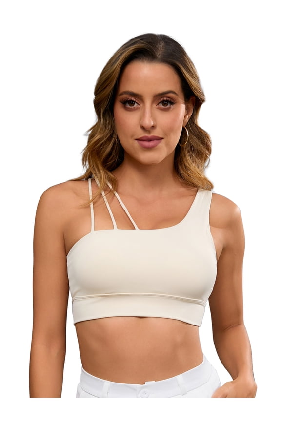 Women's Three Spaghetti Thin Straps Sports Bra Fitness Tank Top Beige S