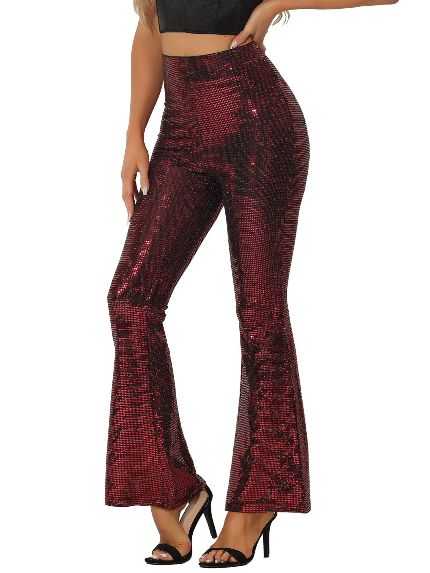 Unique Bargains Women's Sparkle Bell Bottoms Flare Sequin Pants M Red