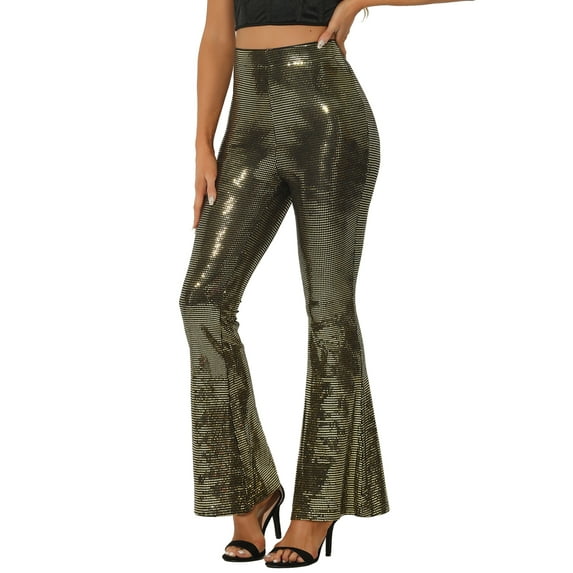 Unique Bargains Women's Sparkle Bell Bottoms Stretch Shiny Flare Sequin Pants XL Gold