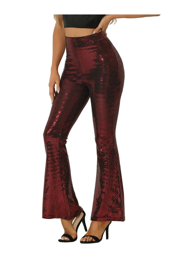 Women's Sparkle Bell Bottoms Stretch Shiny Flare Sequin Pants XL Red