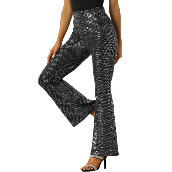 DARING DIVA Women's Sparkle Bell Bottoms Stretch Shiny Flare Sequin Pants XL Silver Black