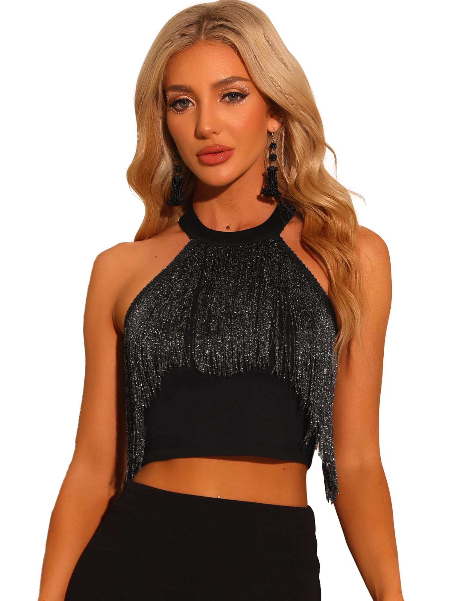 Women's Fringe Trim Glitter Sleeveless Tie Halter Neck Sparkly Corset Top L Black