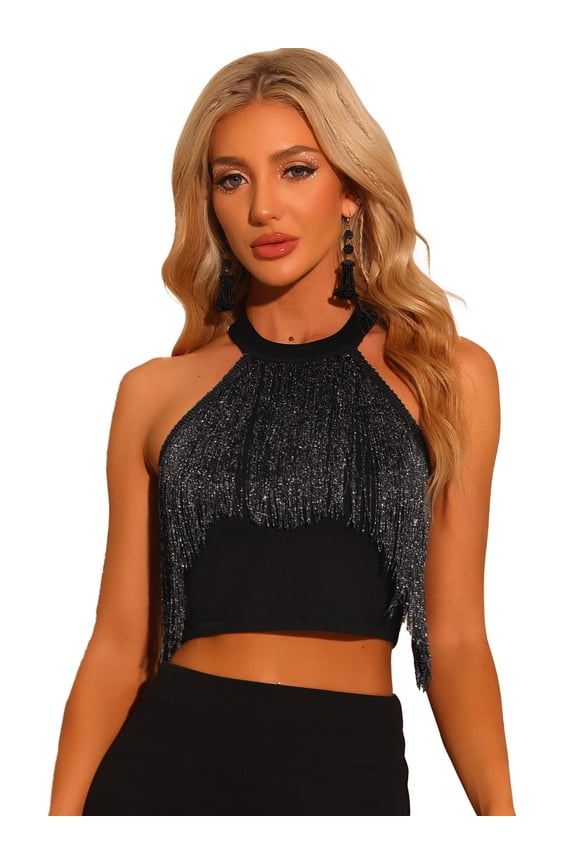 Women's Fringe Trim Glitter Sleeveless Tie Halter Neck Sparkly Corset Top L Black