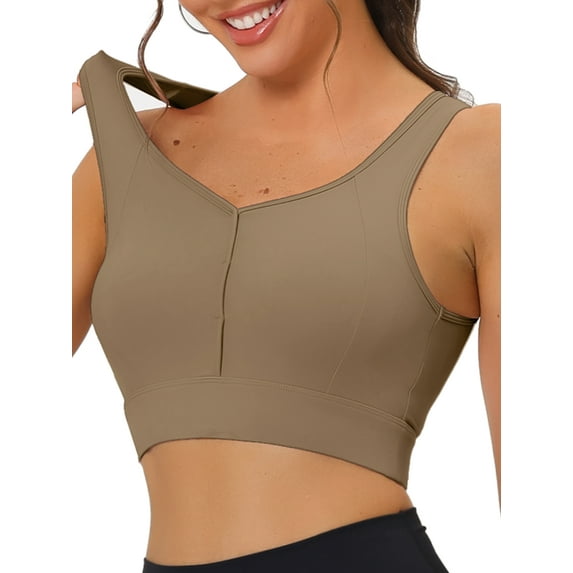 Unique Bargains Women's Sports Bra High Impact Workout Wirefree Padded Bras S Khaki