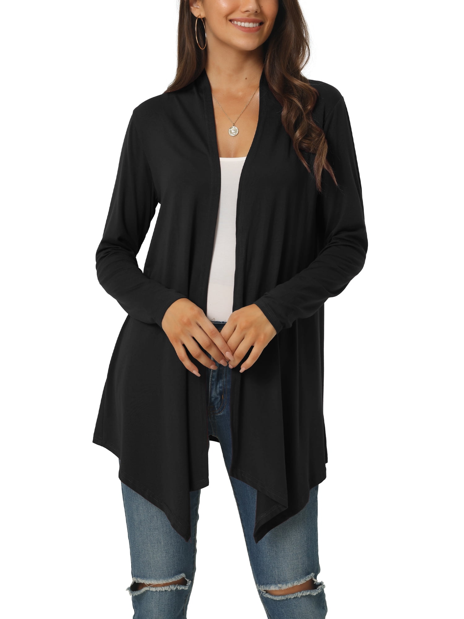 Unique Bargains Women's Spring Fall Draped Open Front Lightweight Cardigan Shrugs Boleros M Black