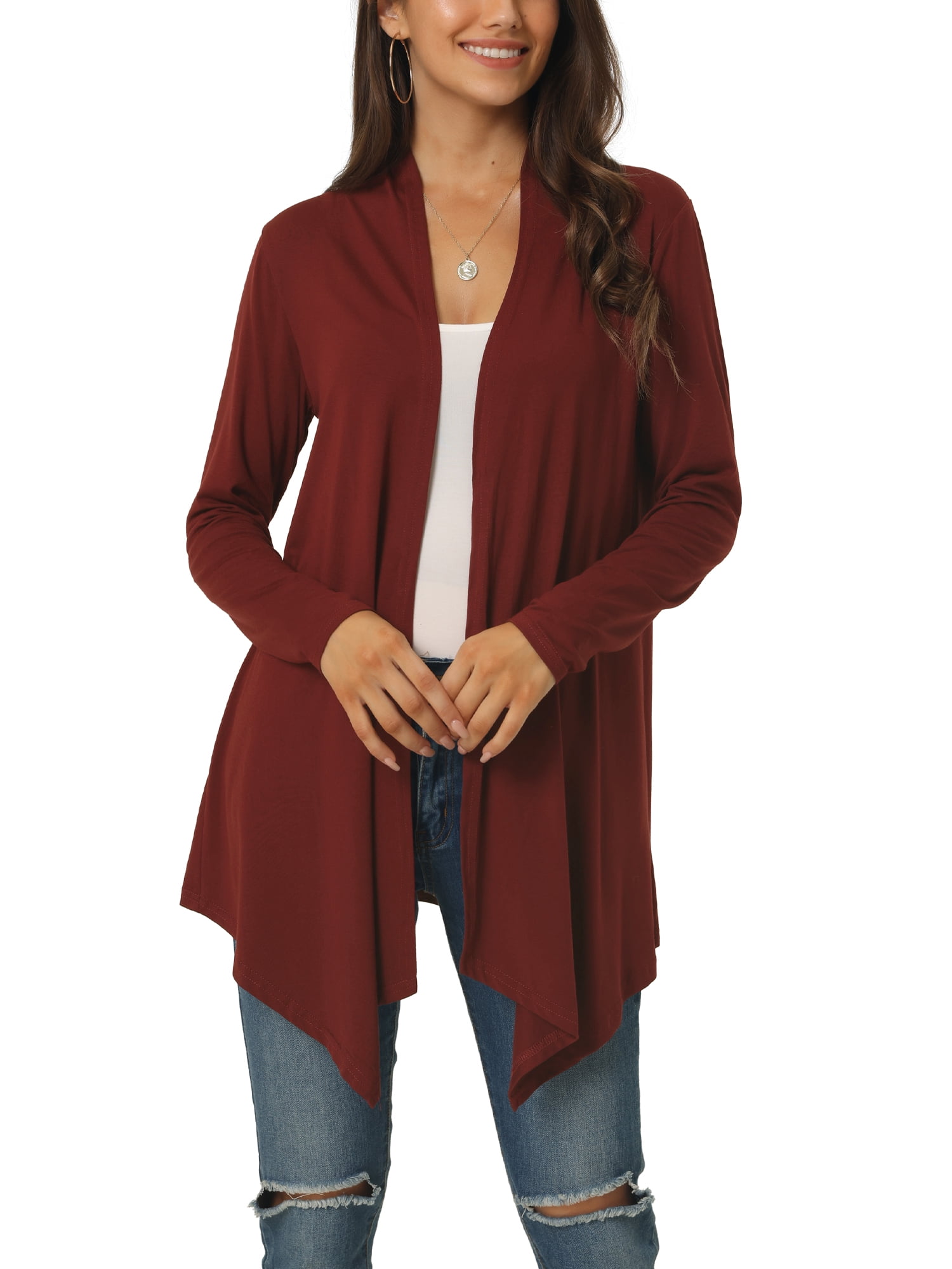 Unique Bargains Women's Spring Fall Draped Open Front Lightweight Cardigan Shrugs Boleros XL Wine Red