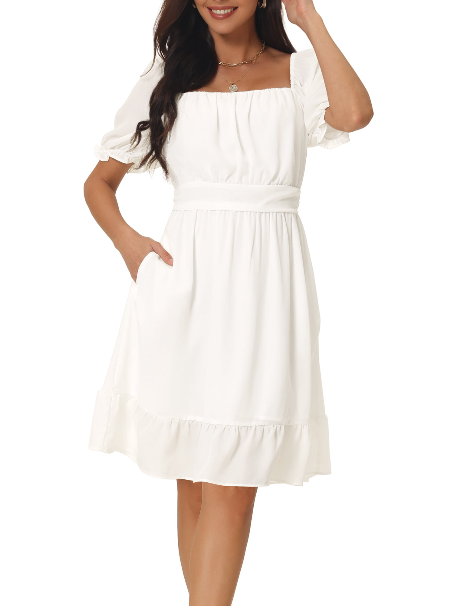 Unique Bargains Women's Square Neck Smocked Back Ruffle A-Line Dress L White