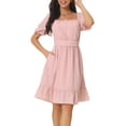thumbnail image 1 of Unique Bargains Women's Square Neck Smocked Back Ruffle A-Line Dress S Pink, 1 of 5
