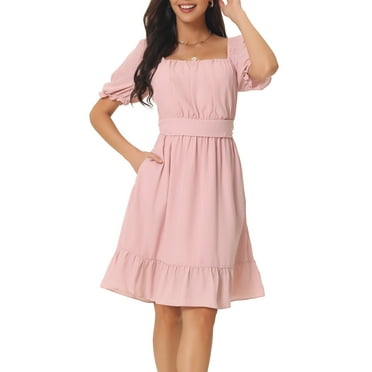 Unique Bargains Women's Square Neck Puff Short Sleeve Smocked Back Ruffle A-Line Dress XL Pink