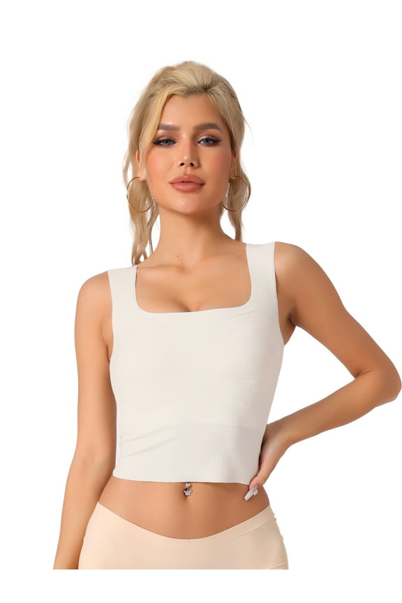 Women's Square Neck Ribbed Slim Fit Tank Top w Built-In Bra M White