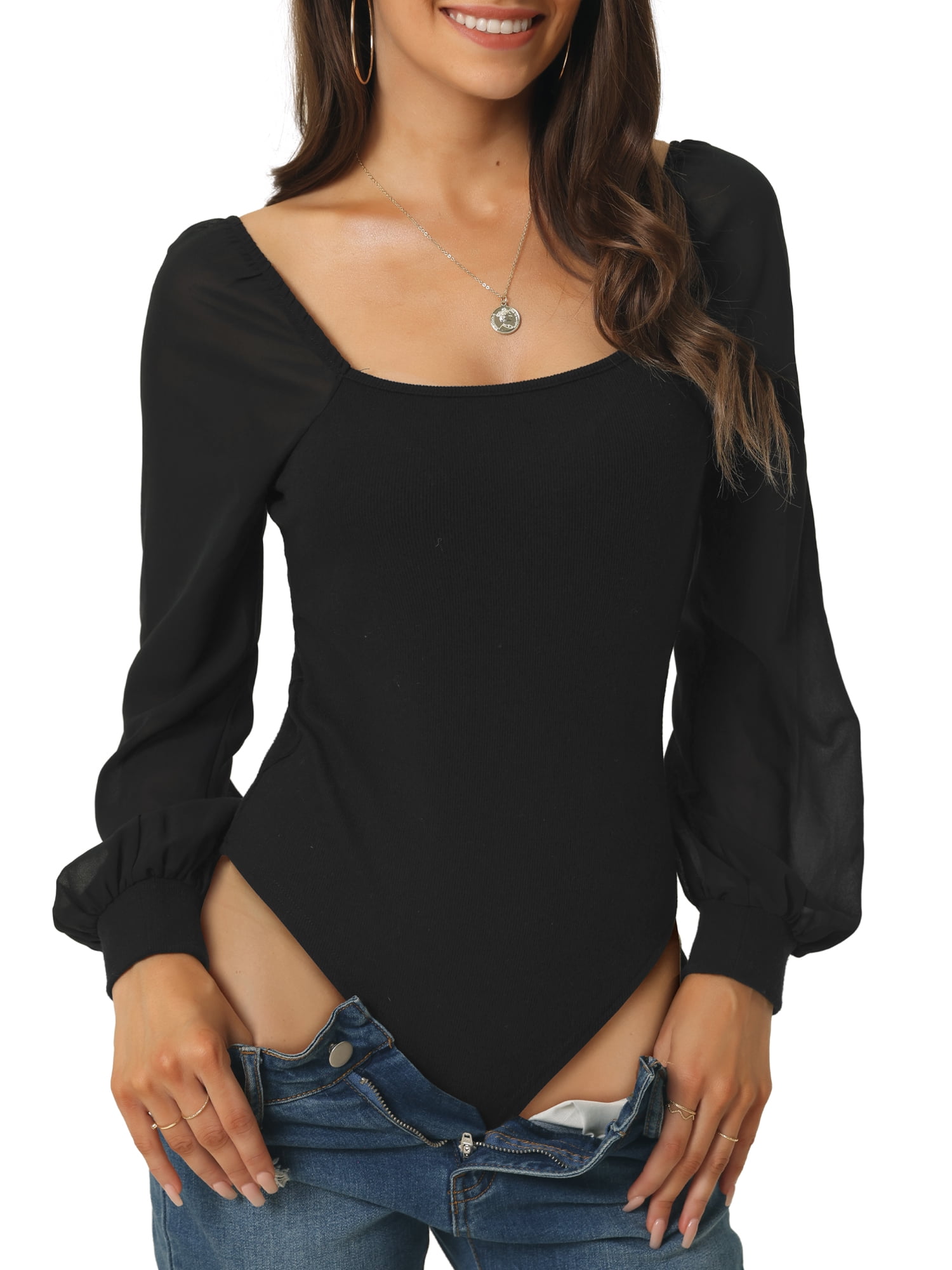 Unique Bargains Women's Square Neck Sheer Shoulder Long Sleeve Bodysuit