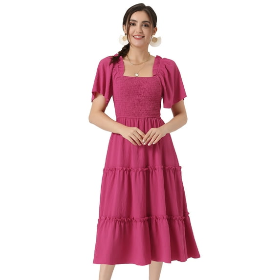 Unique Bargains Women's Square Neck Short Sleeve Tiered Flowy Boho Midi Smocked Dress L Hot Pink