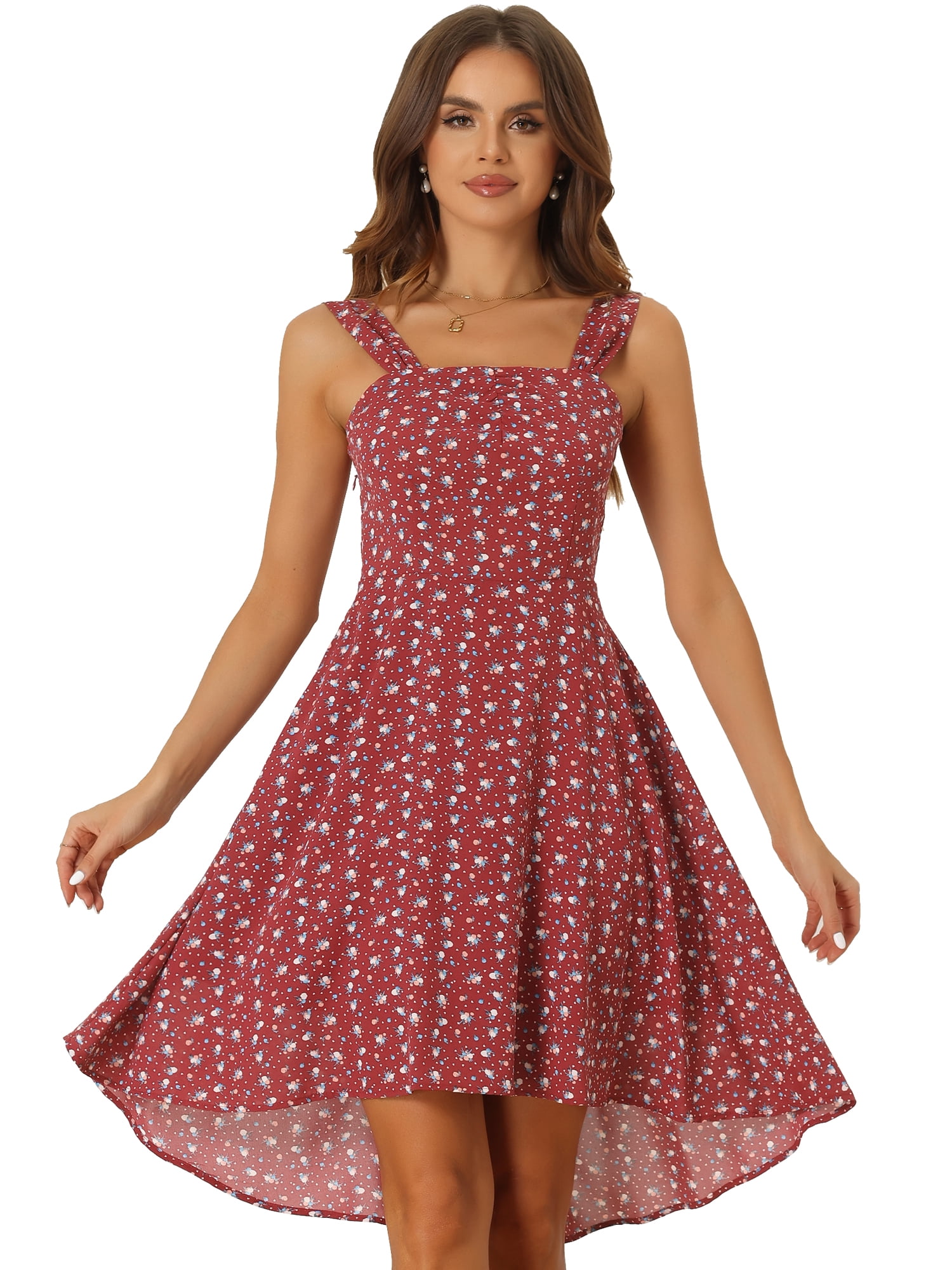 Unique Bargains Women's Square Neck Sleeveless Floral Smocked Summer Boho Dress L Red