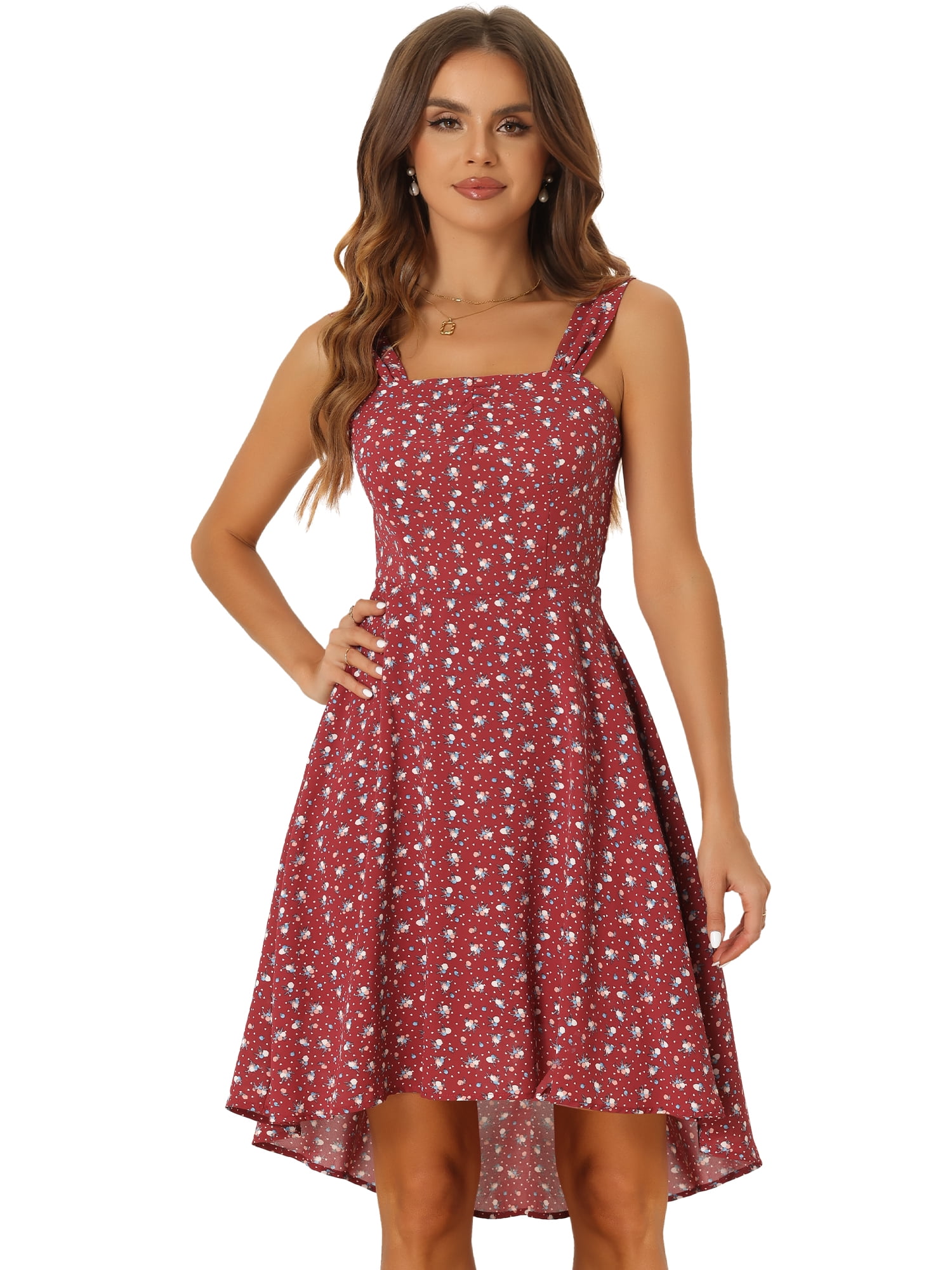 Unique Bargains Women's Square Neck Sleeveless Floral Smocked Summer Boho Dress XL Red