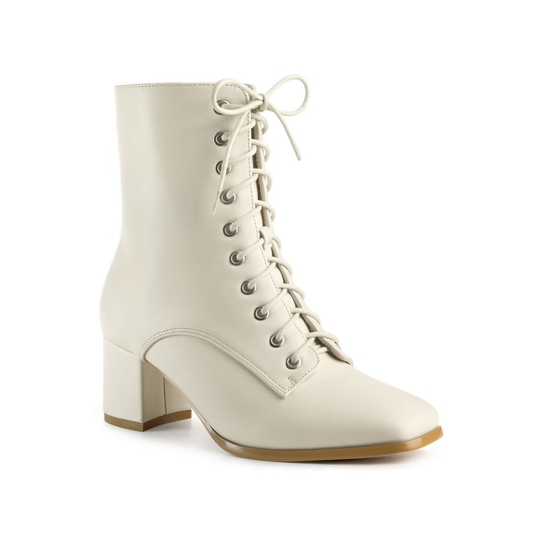 Free Shipping Unique Bargains Women s Square Toe Lace Up Chunky Heels Ankle Combat Boots Cream 7 Walmart