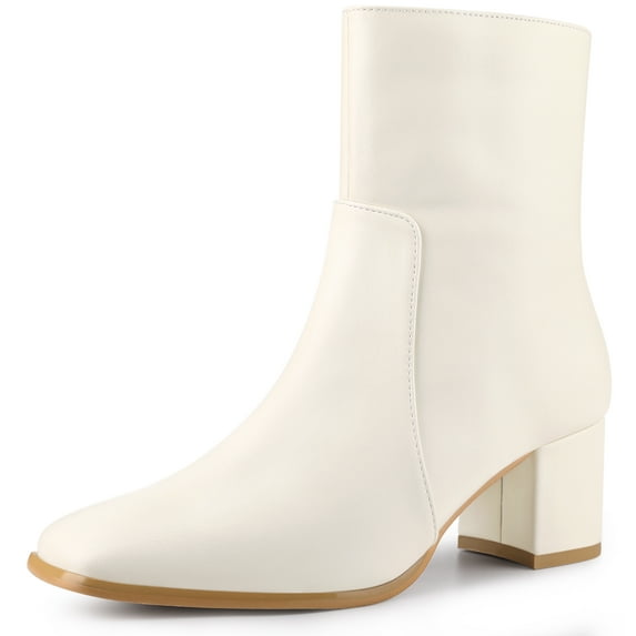 Unique Bargains Women's Square Toe Side Zipper Block Heel Ankle Boots Cream 10