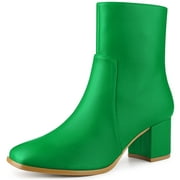 Unique Bargains Women's Square Toe Side Zipper Block Heel Ankle Boots Grass Green 6