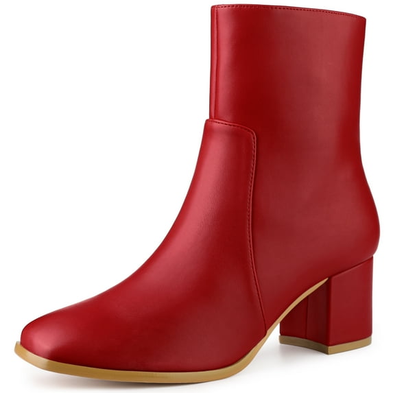 Unique Bargains Women's Square Toe Side Zipper Block Heel Ankle Boots Red 7