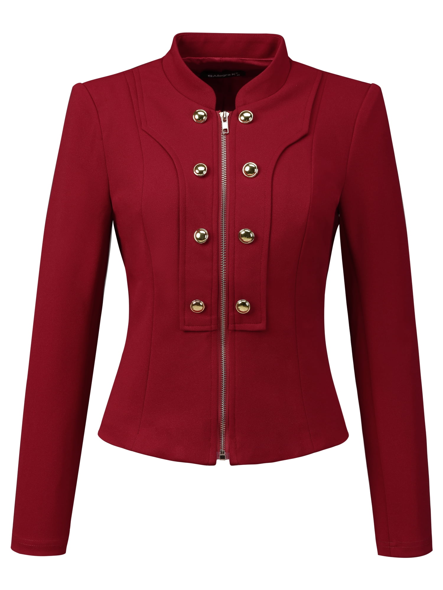 Unique Bargains Women's Stand Collar Button Decor Zip Up Blazer Jacket L Wine Red