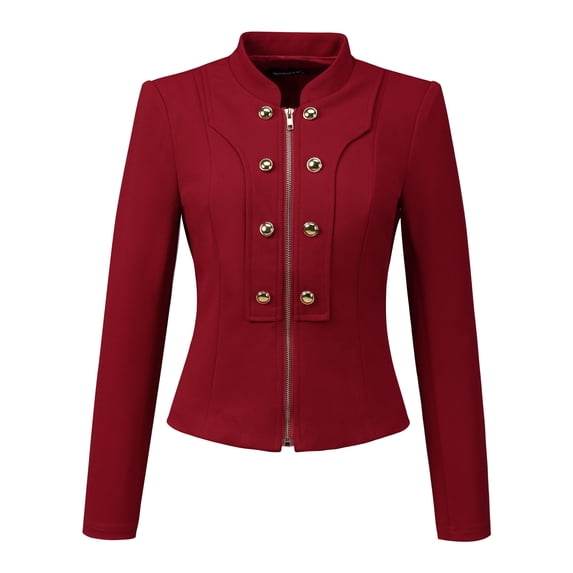 Unique Bargains Women's Stand Collar Button Decor Zip Up Blazer Jacket XL Wine Red