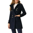 thumbnail image 1 of Unique Bargains Women's Stand Collar Hooded Double Breasted Winter Long Overcoat M Navy Blue, 1 of 6